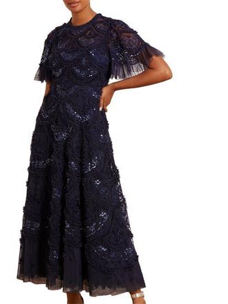 Needle & Thread Carmen Ruffle Maxi Dress in Navy at Nordstrom, Size 16