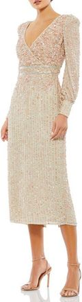 Mac Duggal Sequined V Neck Bishop Sleeve Dress in Nude at Nordstrom, Size 14