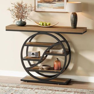 Tribesigns Tribesigns - Mesa Consola De 120 Cm, Mesa De Sof&aacute; Industrial De 5 Niveles, Mesa De Entrada Con Base Circular, Mesas Estrechas De Madera Con Estantes D