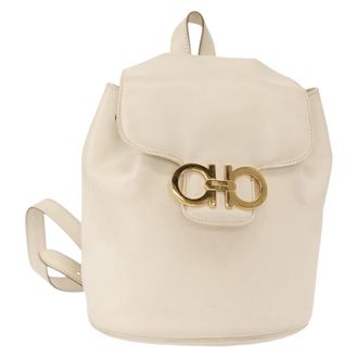 Ferragamo Gancini Flap Drawstring Backpack Leather White Leather Backpack Bag (Pre-Owned)