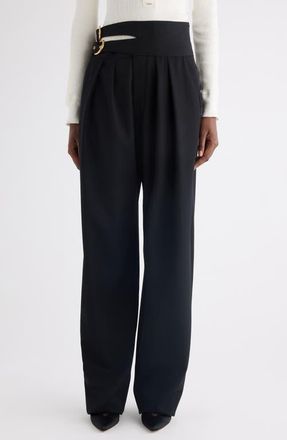Chlo&eacute; Buckle Keyhole High Waist Wool Straight Leg Pants in Black at Nordstrom, Size 14 Us