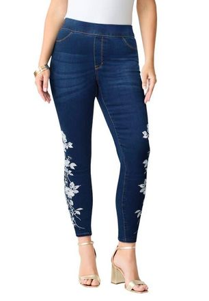 Roaman's Plus Size 360&deg; Stretch Jegging in White Embroidered Rose at Nordstrom, Size 32