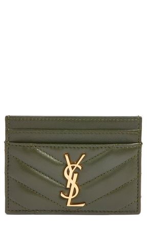 Saint Laurent Cassandra Matelass&eacute; Leather Card Case in Olive Wood at Nordstrom