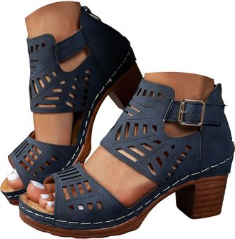 Generic Womens Platform Sandals Summer Trendy Dressy Gladiator Sandals Chunky Heel Hollow Cut Out Open Toe Stacked Heeled Booties Beach Boho Comfortable Ankle