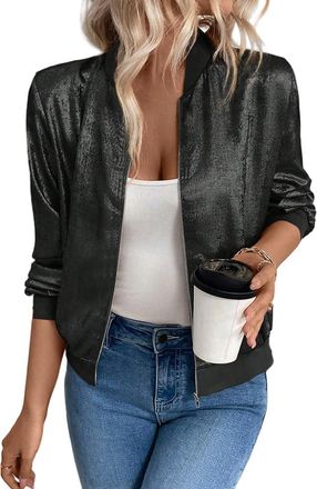 Generic Womens Bomber Jackets Long Sleeve Zip Up Lightweight Sparkly Shiny Metallic Jacket Tops Fashion Casual Baseball Coats Cardigan Outwear, Xs-5Xl Black X