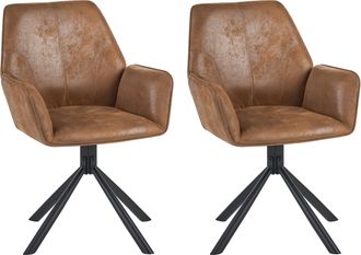 Beliani Conjunto De 2 Sillas De Comedor Giratorias Con Reposabrazos De Gamuza Sint&eacute;tica Marr&oacute;n Claro Warner