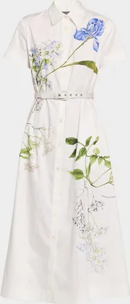 Monique Lhuillier Floral Cotton Short-Sleeve Midi Shirtdress