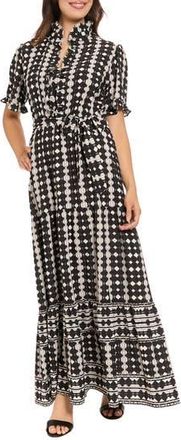 London Times Ruffle Neck Tiered Maxi Dress in Black/Soft White at Nordstrom Rack, Size 10