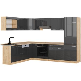 Vicco Cocina Esquinera R-line, Antracita Brillo Intenso/roble Dorado El&eacute;ctrico, 227 X 287 Cm Sin Encimera