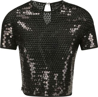 MUGLER short-sleeved sequinned blouse - women - Polyamide/Elastane - 36 - Black