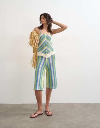 Topshop Jorts taglio lungo in maglia mista a righe verde e blu multicolore in coordinato