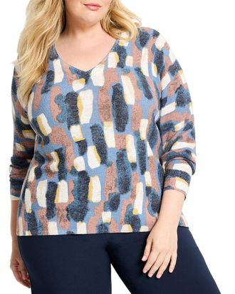 Nic+Zoe Nic+Zoe Plus Brushstrokes Waffle V-Neck Sweater