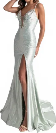 Rachel Allan Satin Sleeveless Slit Prom Gown In Sage