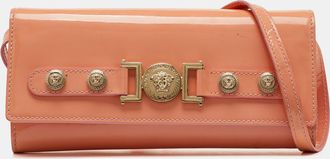 Versace Coral Pink Patent Leather Medusa Flap Continental Wallet On Strap