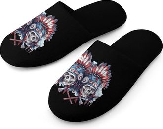 Generic Skull U.S. Native Chief with Axes Mens Flannel Slipper Soft Non Slip House Shoes Comfy Winter Warm Indoor Outdoor Slippers
