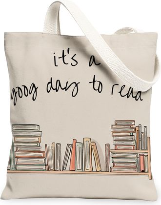 Generic Bookshelf Canvas Tote Bag, Stylish Reading Quote Reusable Grocery Bags, Lightweight Washable Shoulder Strap Canvas Bags for, Beige, 13x15 Inch