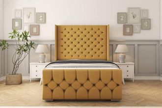 Sloomy Luthor Plush Bed Frame With 50 Upholstered Wingback Headboard in Mustard | Size: Small Double