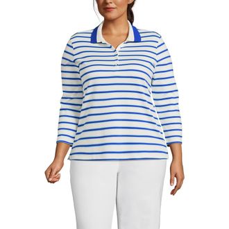 Lands End Plus Size Supima Cotton 3/4 Sleeve Polo Shirt in Sapphire Gem Stripe/tipped at Nordstrom, Size 1X
