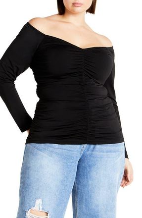 City Chic Sally Ruched Off the Shoulder Top in Black at Nordstrom, Size 16W