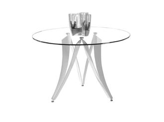 Pondecor Interiorismo Mesa Venus redonda pata met&aacute;lica blanca y sobre vidrio transparente