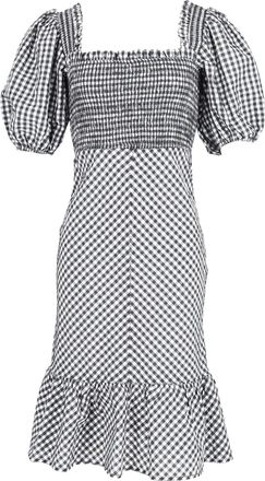 Ganni Ganni Smocked Puff Sleeve Gingham Dress in Black and White Polyester