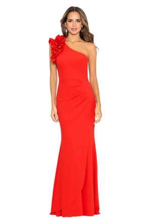 Xscape Womens Womens One-Shoulder, Floor-Length, Scuba Crepe Dress with Ruffle Detail (Reg and Petite), Red, 20