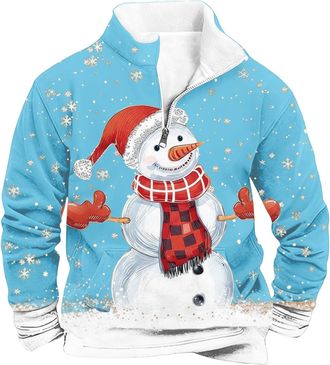 Generic Christmas Jumpers for Men Funny Reindeer Sweatshirt Fleece Lined Pullover 1/4 Zip Xmas Jumper 3D Printed Sweater Long Sleeve Casual Loose Sweatshirts
