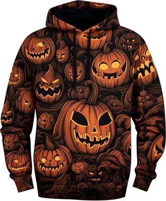 Generic Halloween Costume Mens Halloween 3D Pumpkin Realistic Printed Casual Long Sleeve Hoodie (Orange, XXXXL)