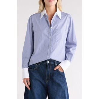 TWP Big Joe Stripe Cotton & Silk Button-Up Shirt in White/Midnight at Nordstrom Rack, Size X-Small/small