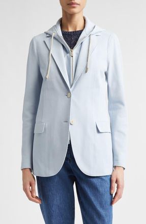 Eleventy Laser Cut Cotton Blend Knit Jacket with Hooded Zip Inset in 130 Sky Blue at Nordstrom, Size 2 Us