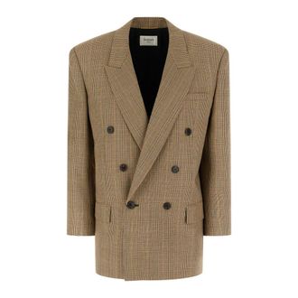 Saint Laurent Wollen double-breasted blazer met ruitpatroon - Dames - Jassen - Bruin - Maat: S Wol