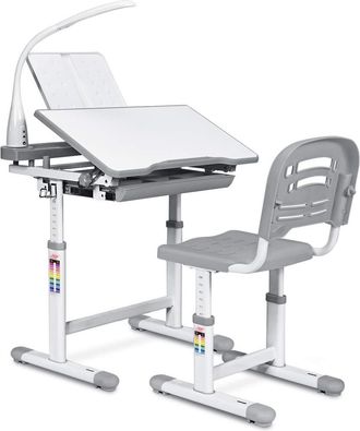 Costway Escritorio Para Ni&ntilde;os Con L&aacute;mpara Silla Mesa De Dibujar Lectura Para Infantil &Aacute;ngulo Y Altura Ajustable Gris - Costway