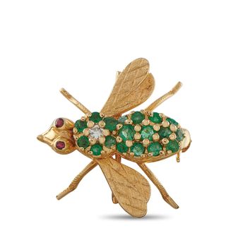 Luxury Bazaar Vintage 18K Yellow Gold Diamond, Emerald, and Garnet Bug Brooch MF13-071626