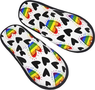 Generic Camping Slippers Rainbow Hearts And Black Hearts Non Slip Sleepers Plush Lined Indoor Slipper Casual Fuzzy Slippers For Women & Men Travel L