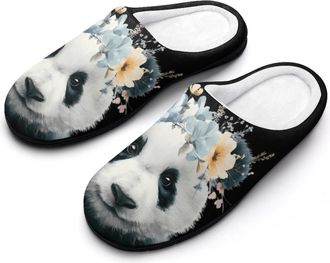 Generic Panda with Flowers Funny Mens Cotton Slippers Soft Non-Slip Rubber Sole House Slipper Indoor Outdoor