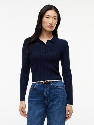 Tommy Hilfiger Womens Tommy Jeans Mini Cable Knit Sweater Polo - Navy - XXS