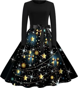 Generic Christmas Dresses for Women Novelty Xmas Printed A-Line Swing Dress Retro Long Sleeve Round Neck Midi Xmas Dresses Winter Casual 50s Party Dress Ladie