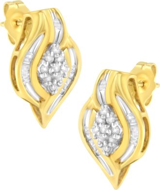 House of Brilliance 10K Yellow Gold 1/3 cttw Round-Cut Diamond Cluster and Swirl Stud Earrings