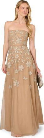 Adrianna Papell Womens Strapless Beaded Mesh Dress - Beige - Size 10 UK
