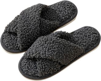 Generic Womens Cross Band Slippers - Fluffy Fleece House Shoes for Women, Soft Memory Foam Indoor Footwear, Open Toe Non Slip Design, Highlighting Plush Textu
