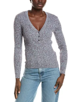 Minnie Rose Cashmere-Blend Rib Marled Henley Cardigan