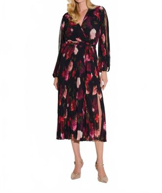 Joseph Ribkoff Pleated Chiffon Midi Wrap Dress In Black/multi Floral