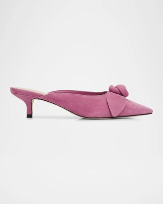 Cinq &agrave; Sept Layla 50MM Knotted-Rose Suede Kitten-Heel Mules