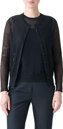 Akris Sheer Stripe Silk & Cotton Blend Cardigan in Black at Nordstrom, Size 16