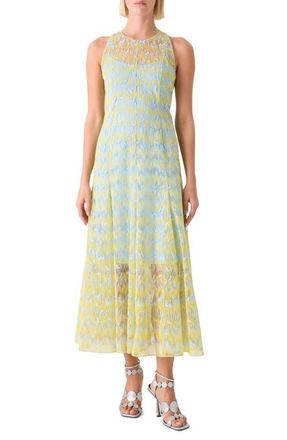Akris Scribble Embroidered Sheer Tulle Fit & Flare Midi Dress in Lemon Zing-Sky Blue at Nordstrom, Size 12