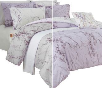 Elegant Comfort Reversible 10-Piece Marble Print Comforter Set, Includes 6-Piece Sheet Set with Double Sided Storage Pockets