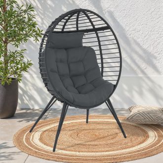 IDMarket Sill&oacute;n Egg Con Base Calada Efecto Rat&aacute;n Gris Y Coj&iacute;n Gris