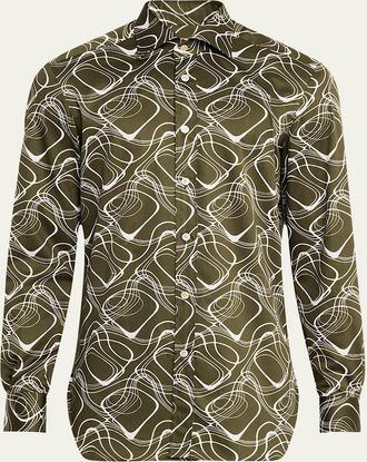 Kiton Mens Cotton Wave-Print Sport Shirt