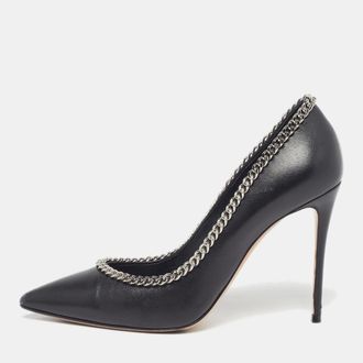 Casadei Blade Size 38 Black Leather Braided Chain Pointed Toe Pumps