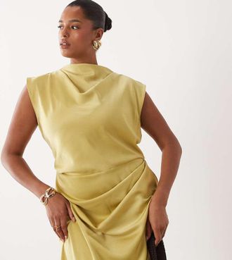 Asos Curve ASOS DESIGN Curve - Vestito midi in raso verde chiaro accollato con corpino a pieghe